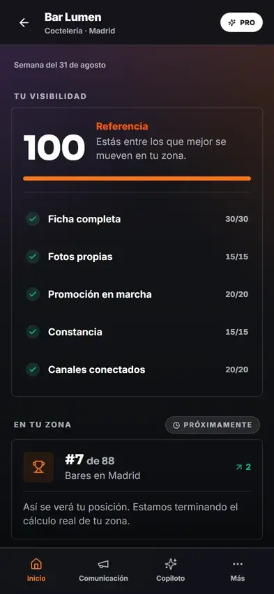 El mismo panel del bar visto en el móvil