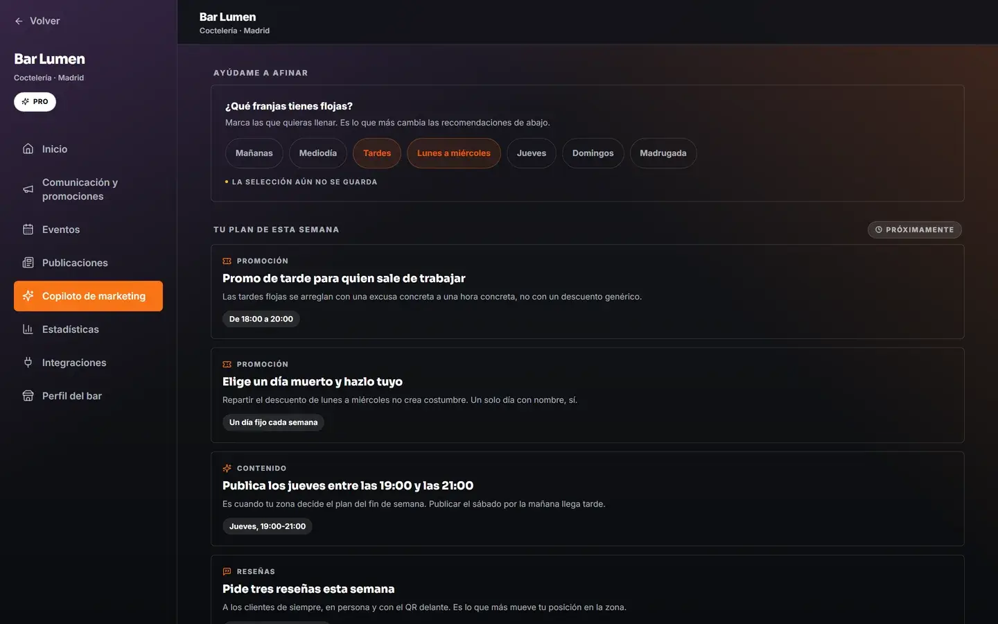 Copiloto de marketing de Sagukai sugiriendo qué publicar esta semana