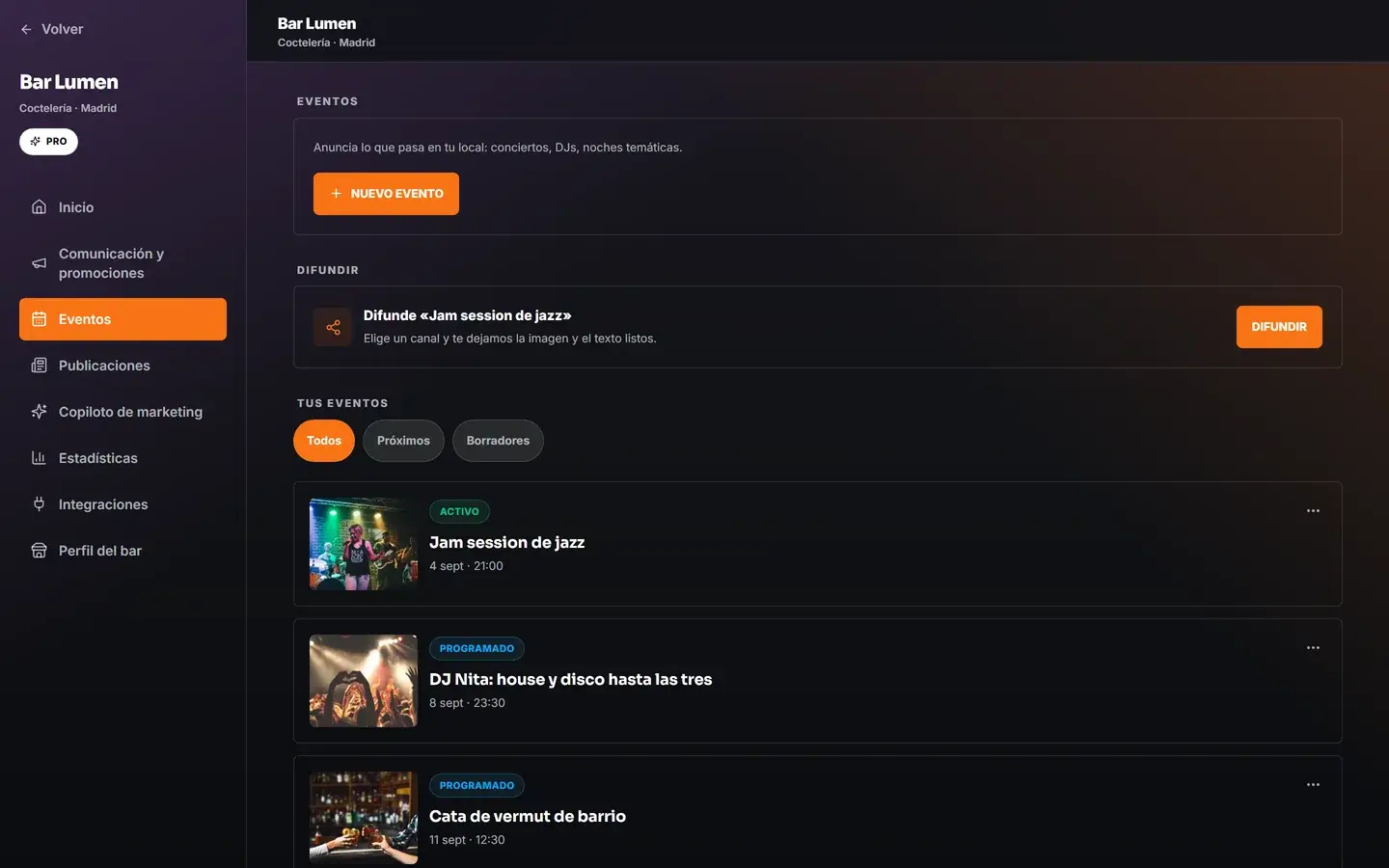 Pantalla de eventos del panel del bar, con el botón de nuevo evento