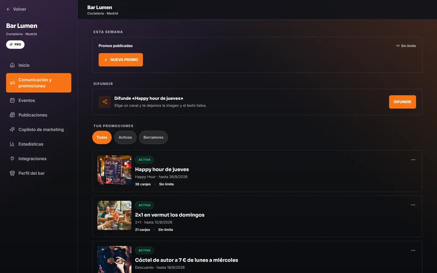 Pantalla de promociones del panel del bar