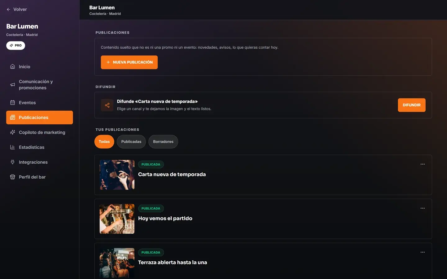 Pantalla de publicaciones del panel del bar