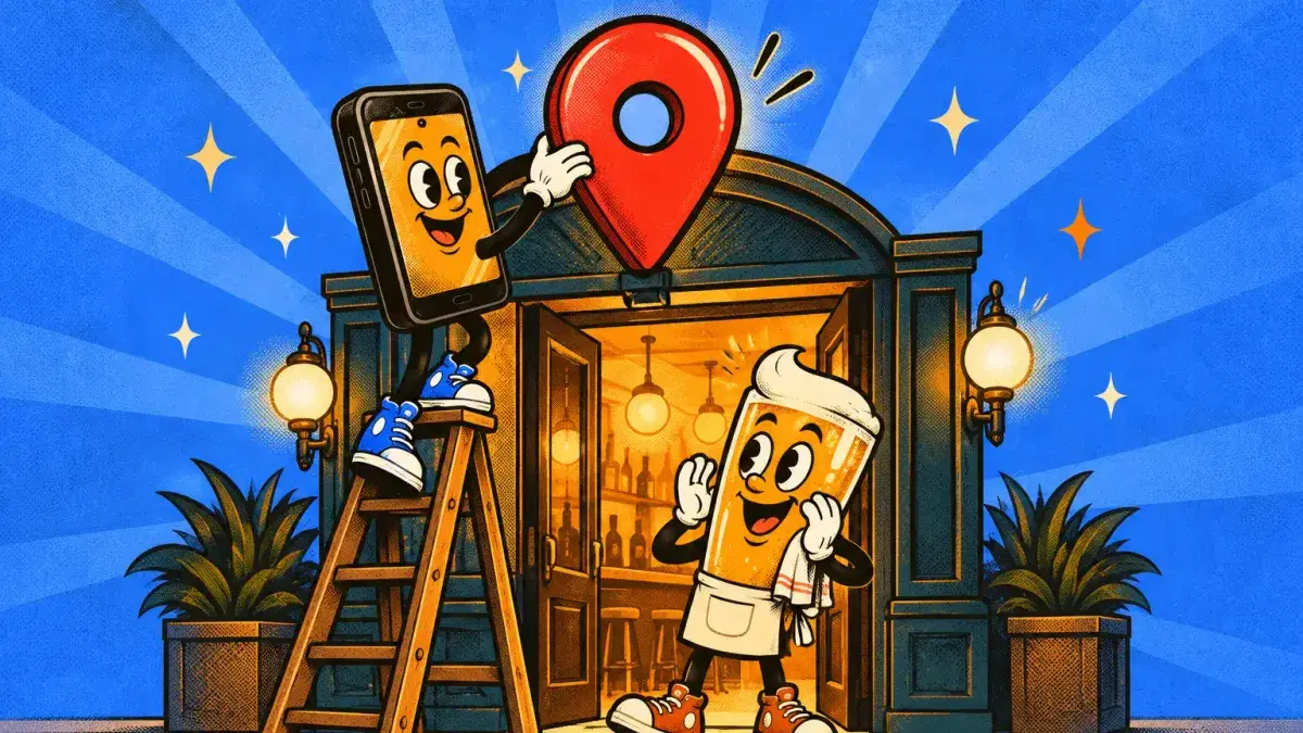 Ilustración de Sagukai: un móvil sube por una escalera para colocar el marcador de Google sobre la puerta de un bar