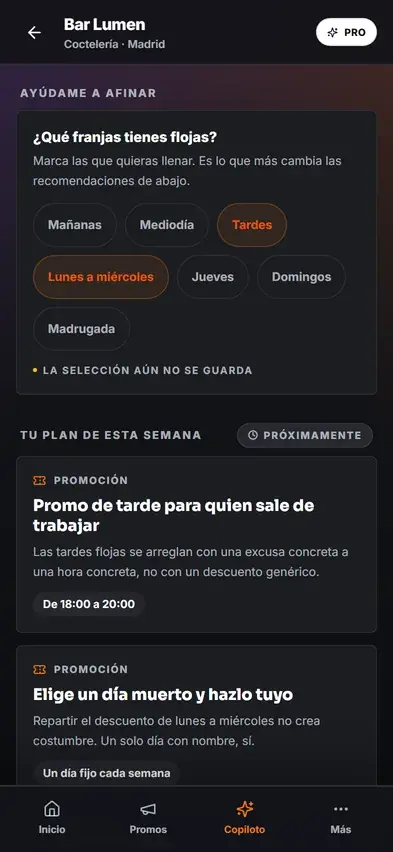 Copiloto de marketing en el panel de Sagukai: franjas flojas y recomendaciones de la semana