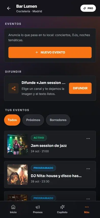 Eventos del bar en el panel de Sagukai desde el móvil