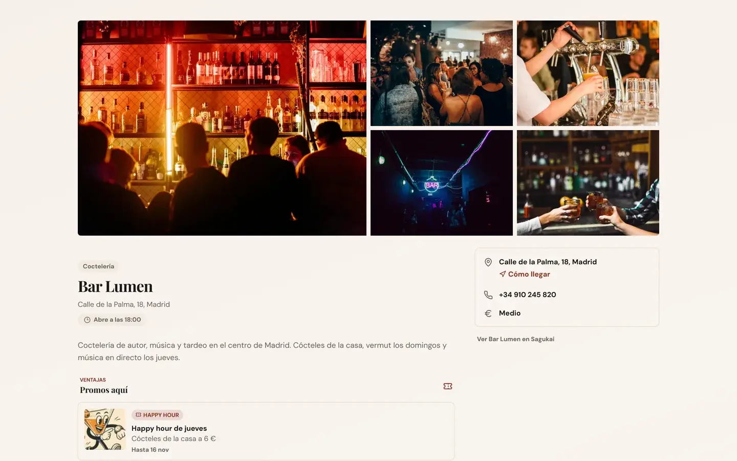 Web de un bar de demostración hecha con Sagukai